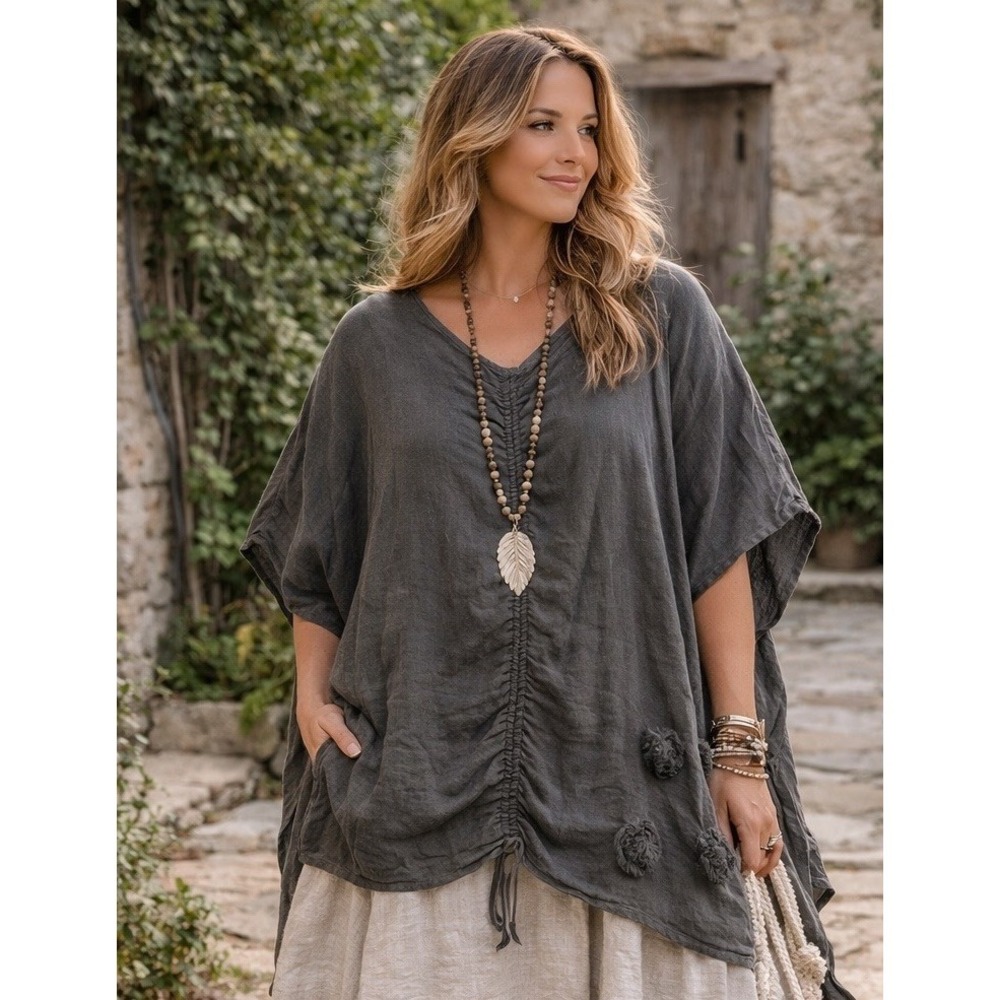 Cheyenne OS Lagenlook Linen Top Gray Rosette Ruched Art to Wear Minimalist